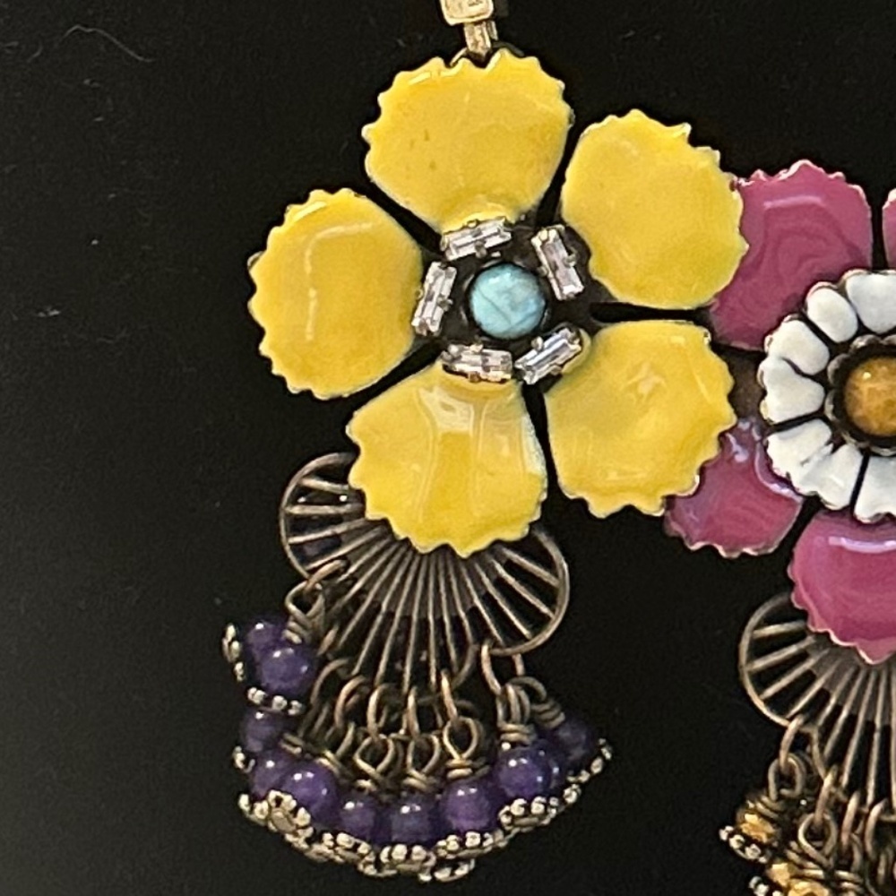TOVA - Vibrant Boho Floral Enamel Brass Necklace on Brown Leather Cord - 18 in. - Picture 6 of 14